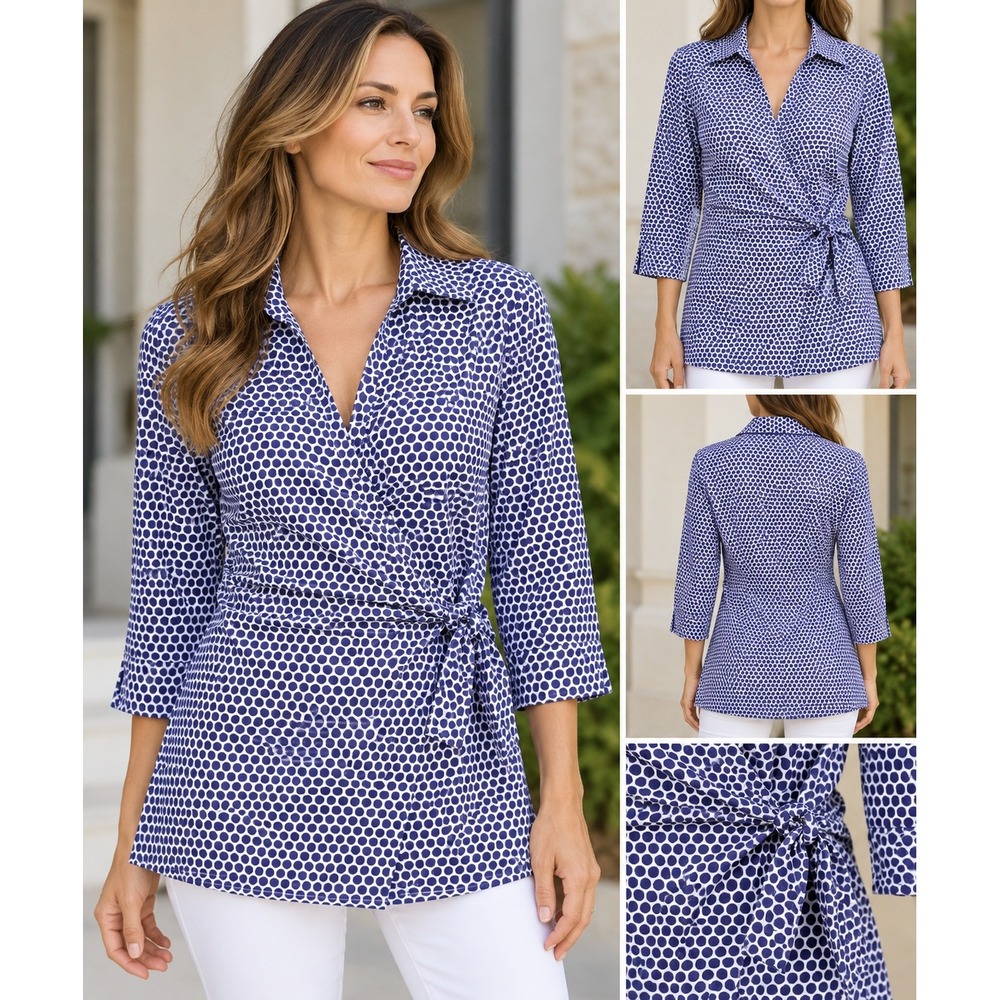 Finley NWT Purple White Polka Dot Wrap Shirt 3/4 Sleeve Cotton Top Small